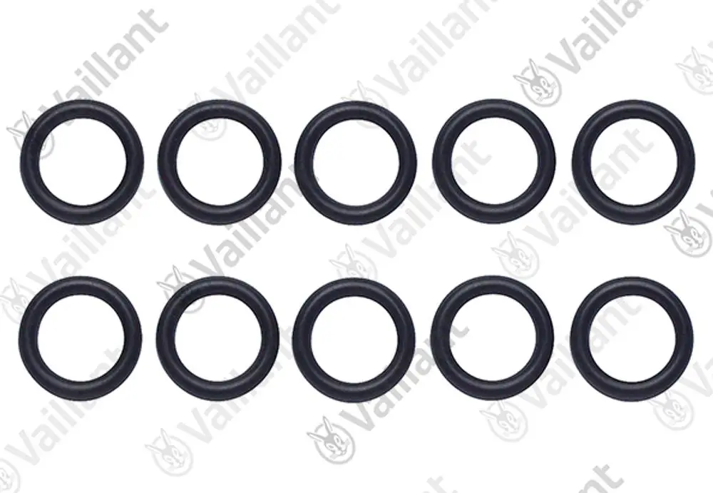 Vaillant O-Ringe in schwarzer Gummifarbe, arrangiert in zwei Reihen, zehn Stück auf einem weißen Hintergrund.